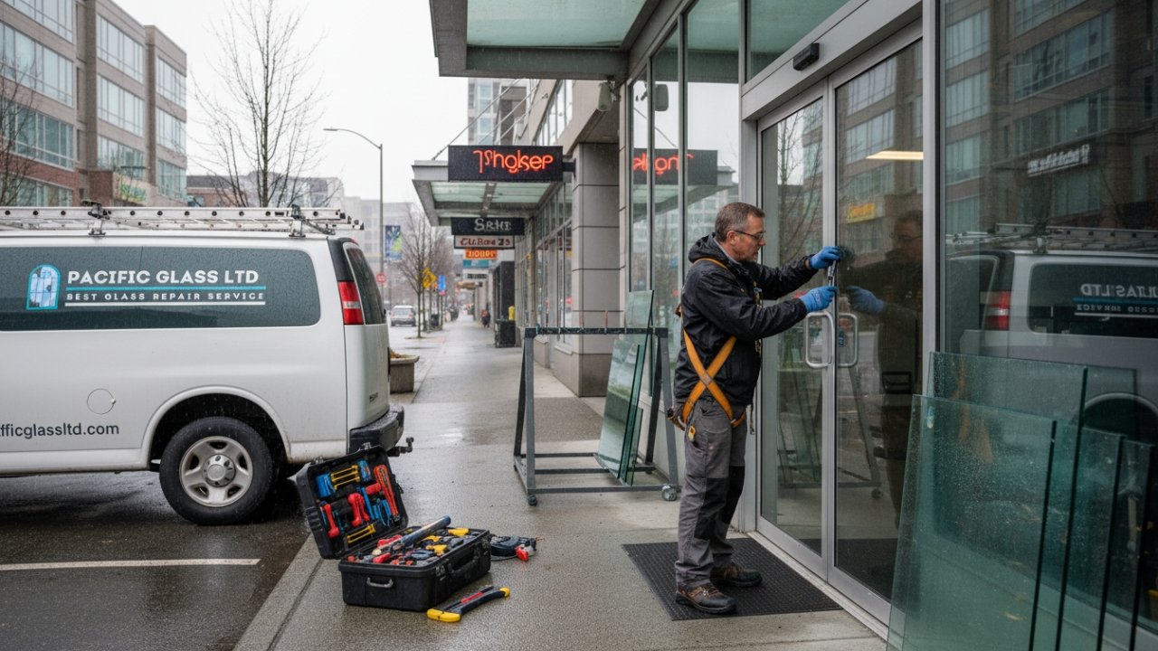 Technician repairing commercial storefront glass door in Metro Vancouver