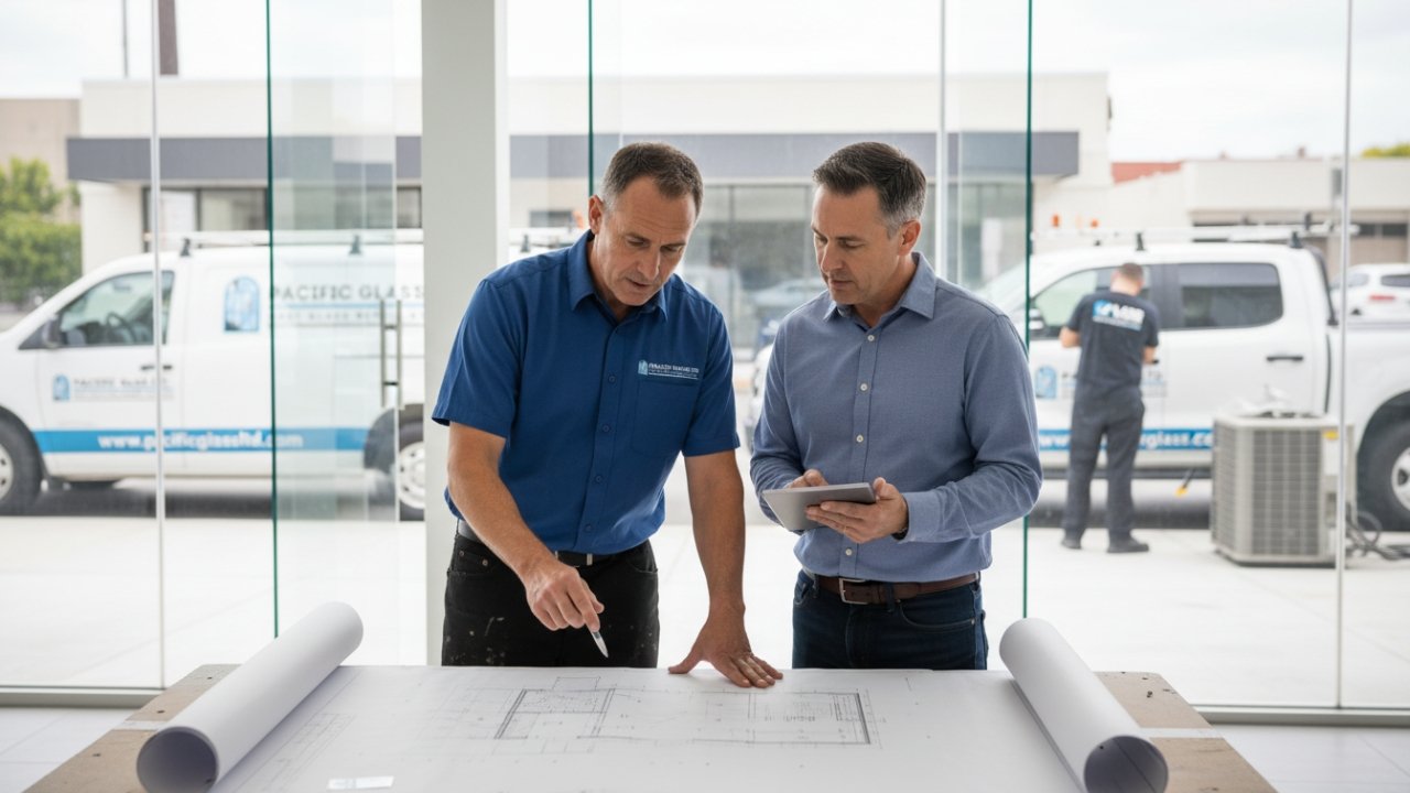 Technician talking with business owner, no text