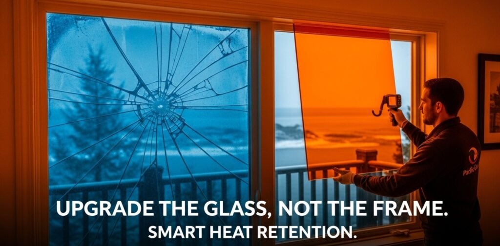 Thermal imaging showing heat retention after replacing failed window glass in a Coquitlam home