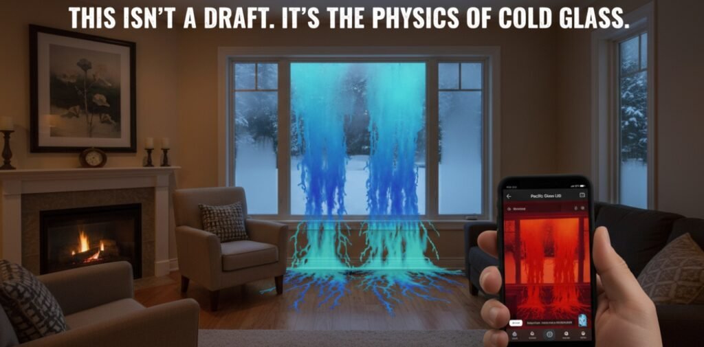 Thermal visualization showing heat escaping through inefficient window glass in a British Columbia home.