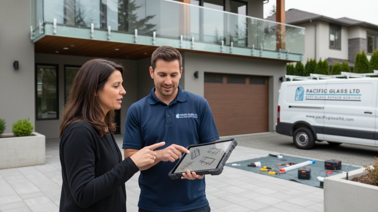 contractor explaining glass railing design to homeowner Vancouver