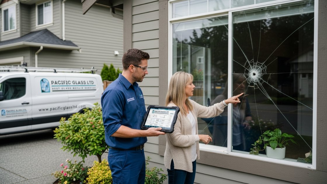 glass technician consulting homeowner for replacement Vancouver