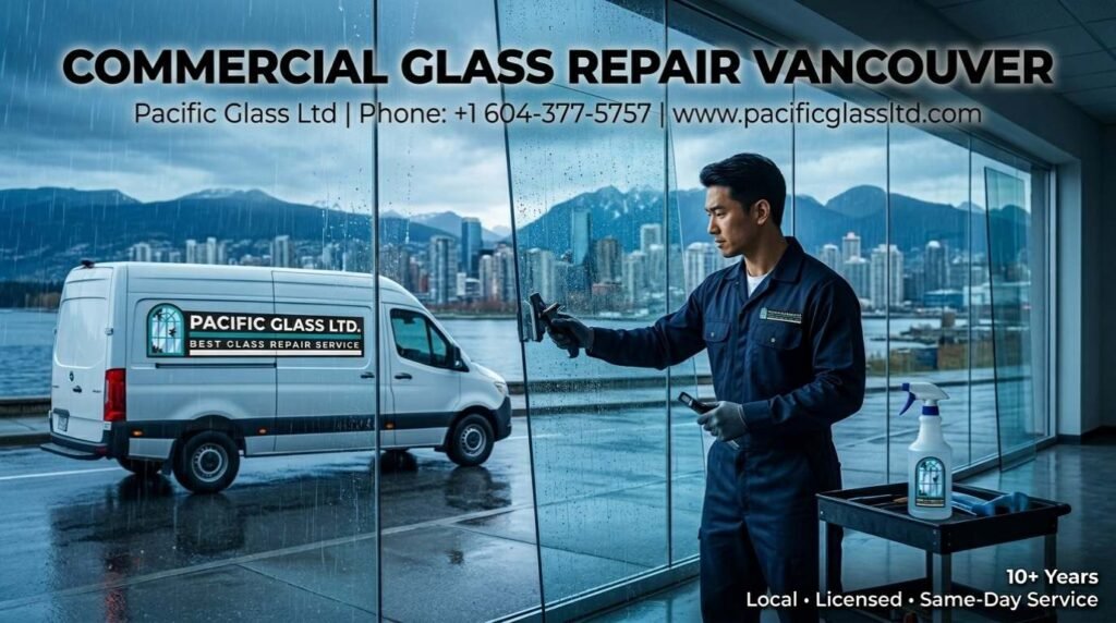 Realistic action photo of a professional glass technician from Pacific Glass Ltd working on a commercial glass door in a Vancouver office building. The technician is carefully installing a new tempered glass panel with tools. Background shows modern Vancouver street with rain and mountains. Clean, trustworthy atmosphere. Overlay stylish bold text in elegant white modern sans-serif font (Futura Bold) with soft shadow: "10+ Years Experience" at top, "Licensed Local Experts" at bottom, small phone "+1 604-377-5757" and "Pacific Glass Ltd" in corner. Photorealistic, bright natural lighting, sharp details, professional service photography style, 4K.