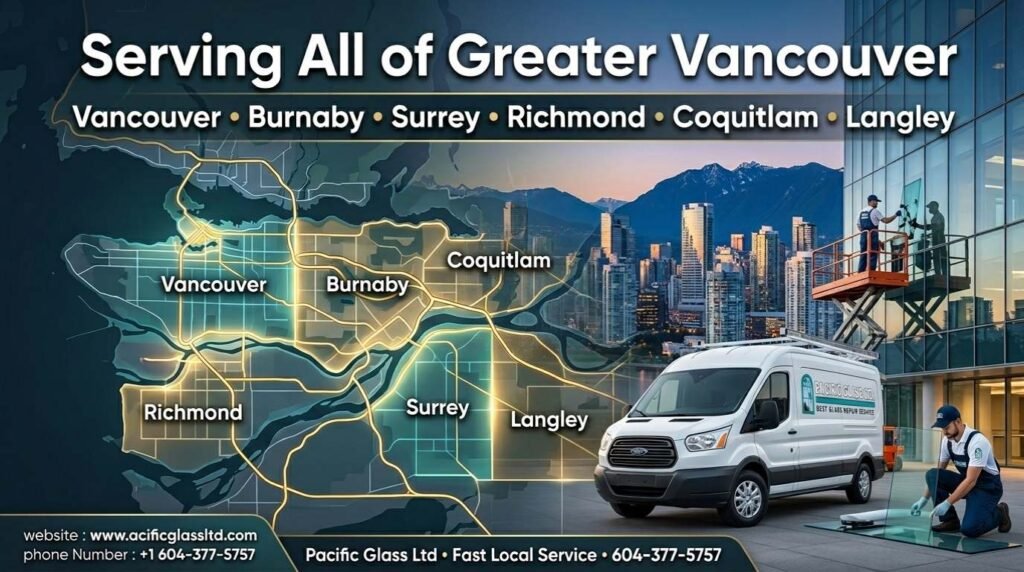 Commercial glass repair service areas Vancouver Burnaby Surrey Richmond Coquitlam