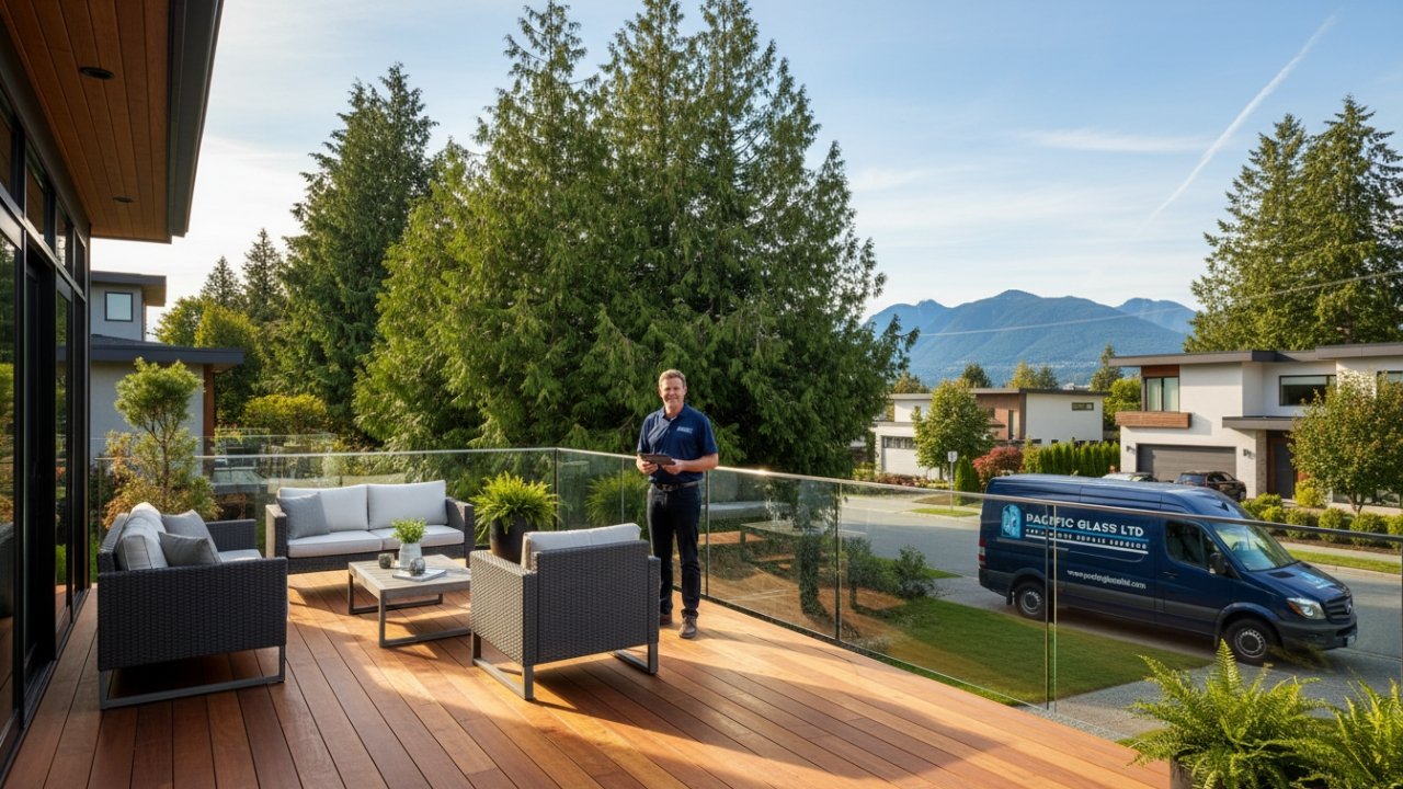 modern deck with frameless glass railings Vancouver home