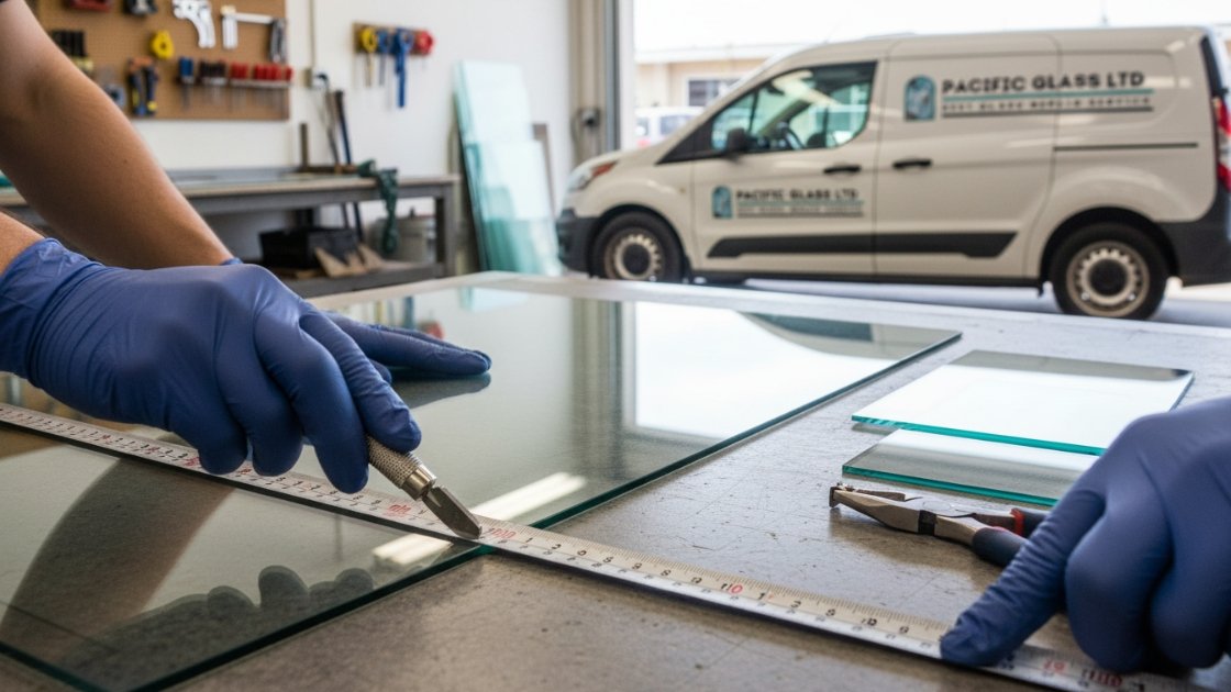 technician cutting glass panel for same day replacement
