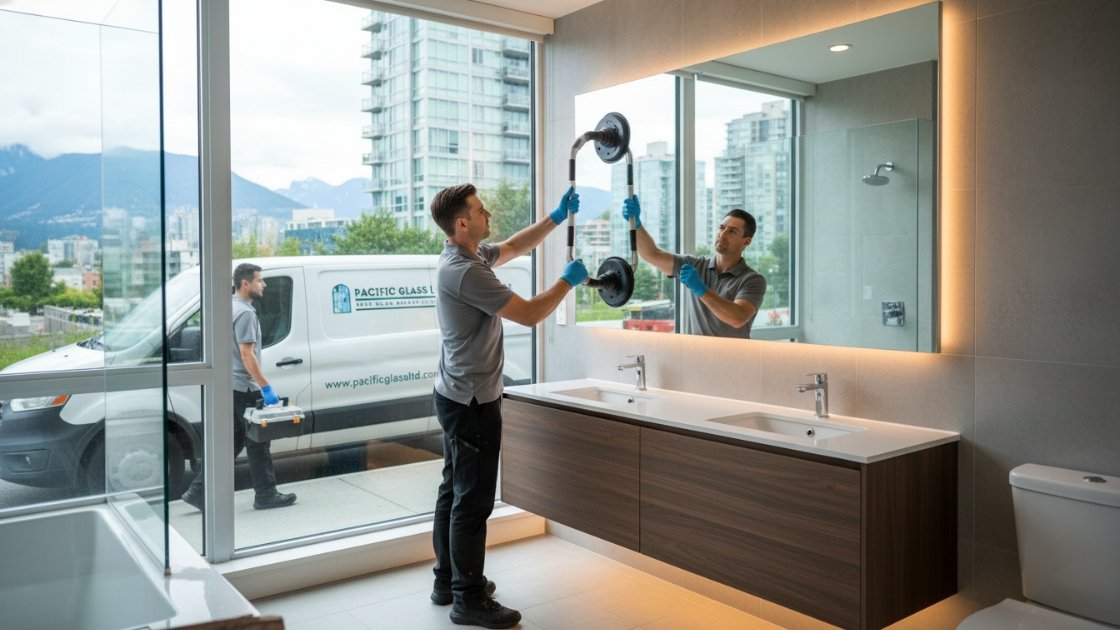technician installing bathroom mirror Vancouver home