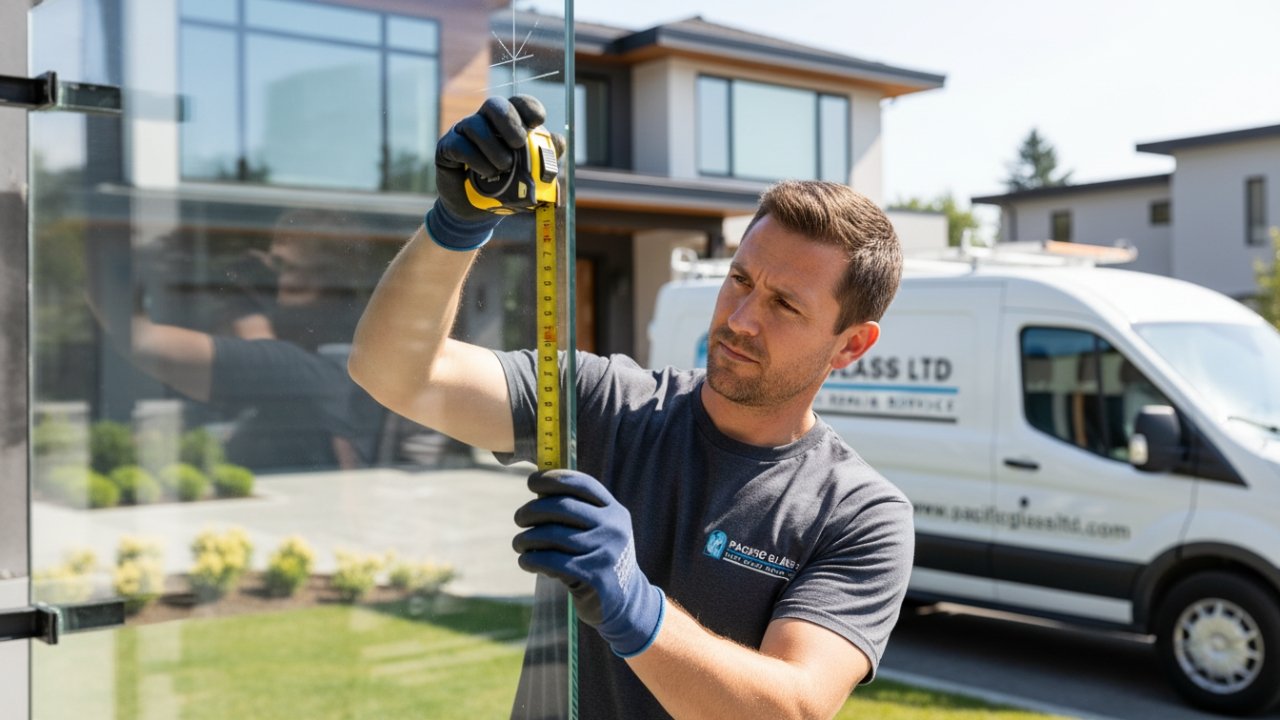 technician measuring frameless glass panel for installation Vancouver
