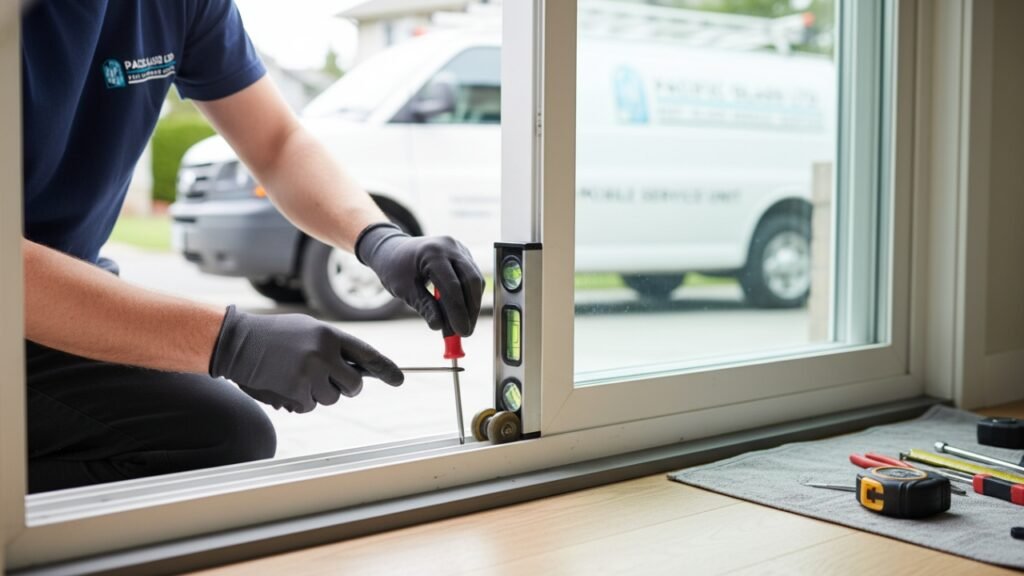 Adjusting rollers on a sliding glass door to stop noise.