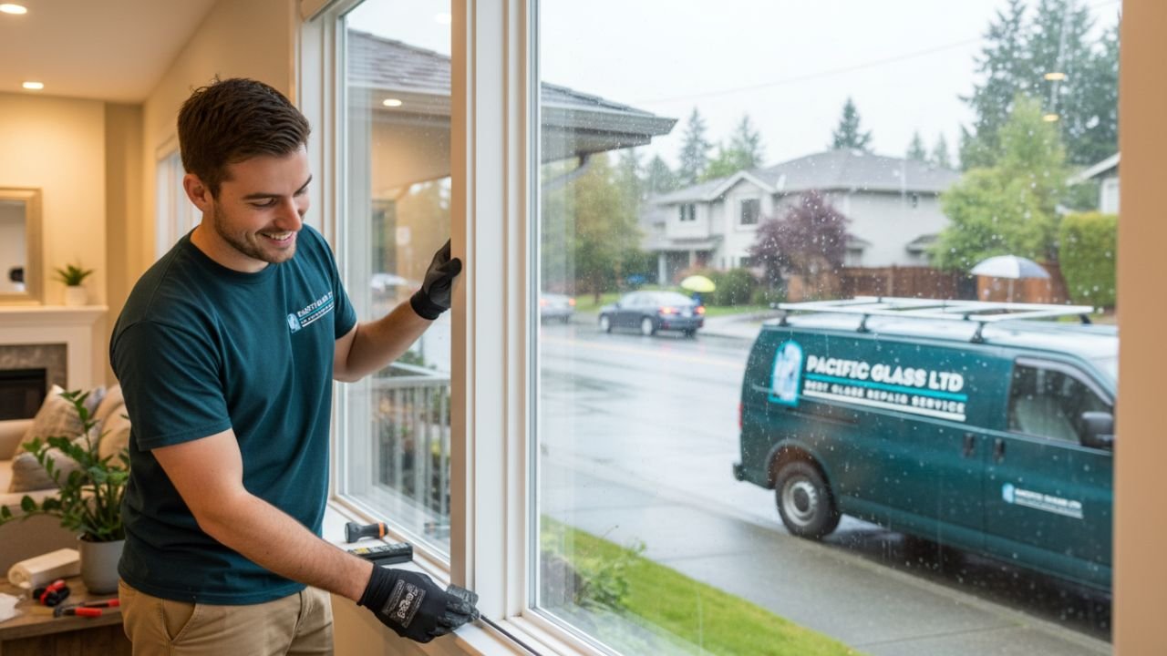 Broken window replacement completed in a Burnaby home, Metro Vancouver.