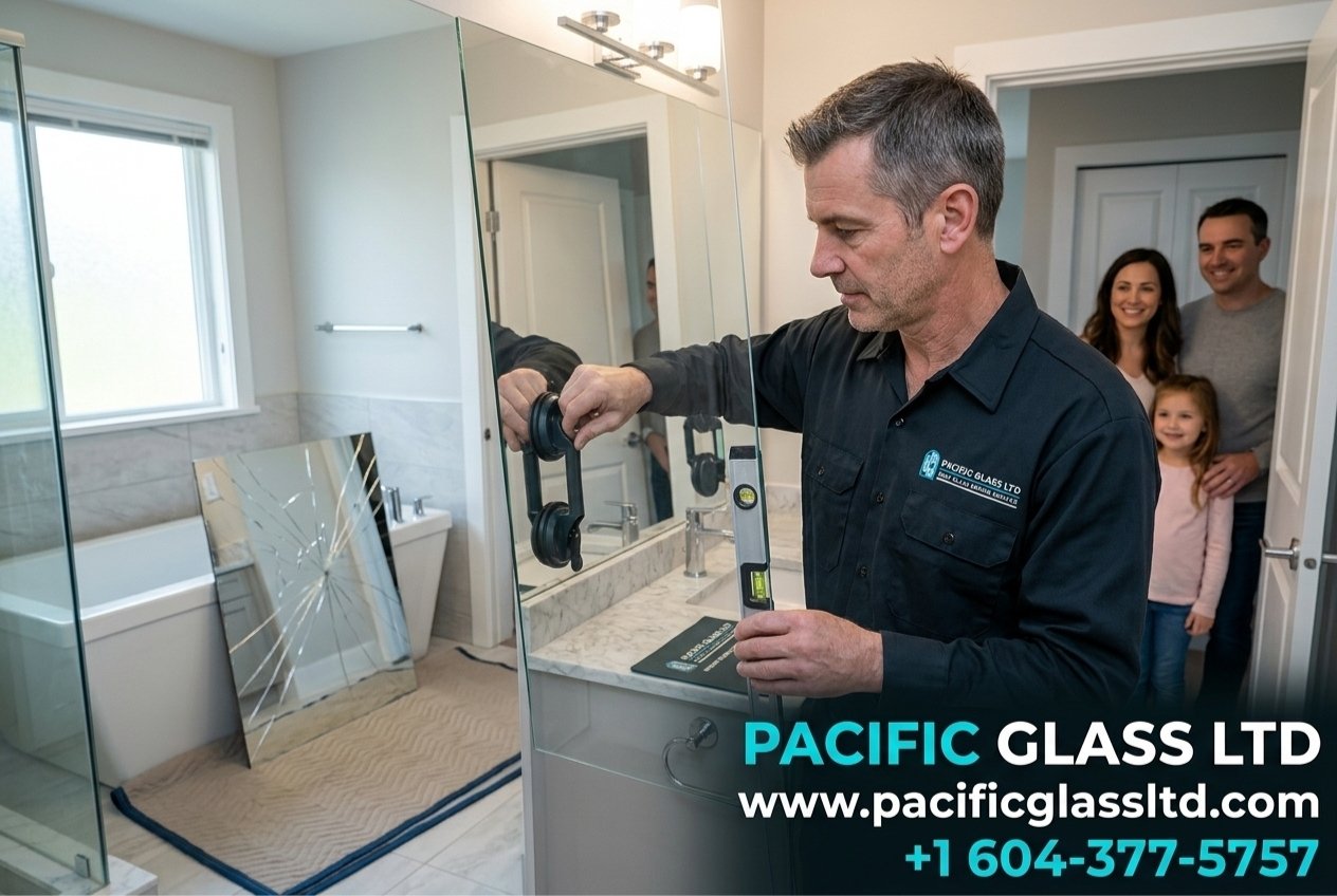 Cheap glass repair in Burnaby – bathroom mirror replacement by Pacific Glass Ltd.