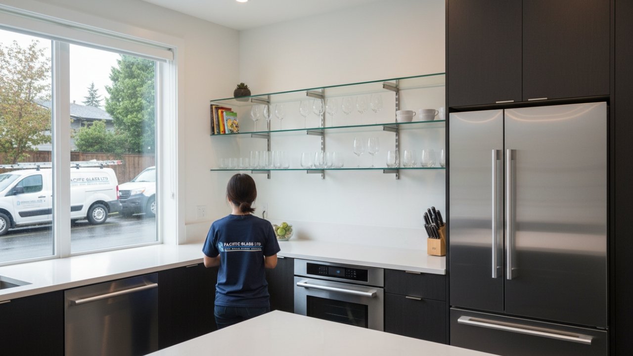 Custom glass shelves in a Vancouver kitchen.