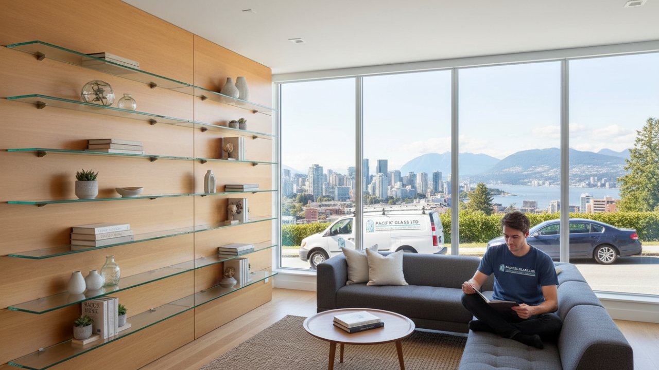 Custom glass shelves in a West Vancouver living room.