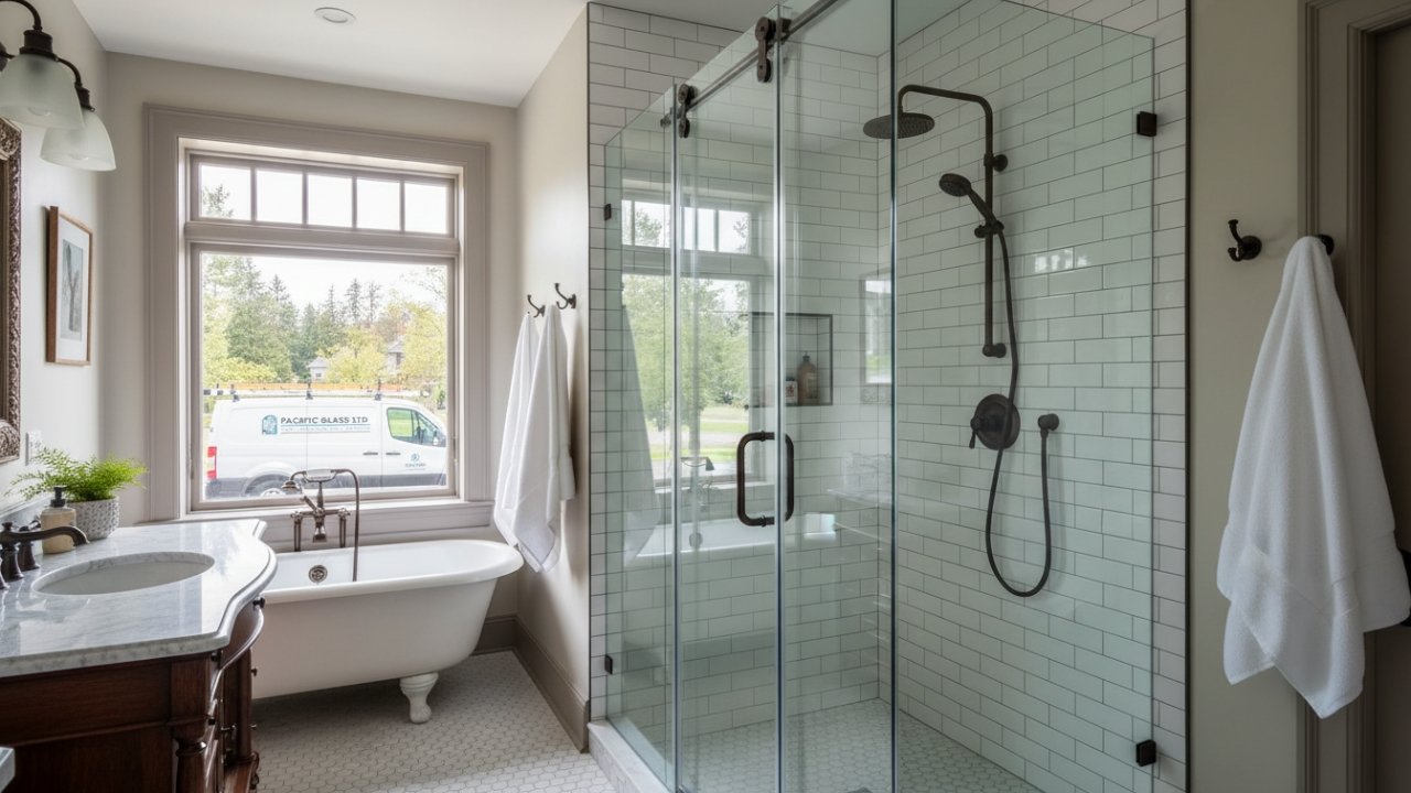 Custom glass shower panels in a heritage New Westminster home.
