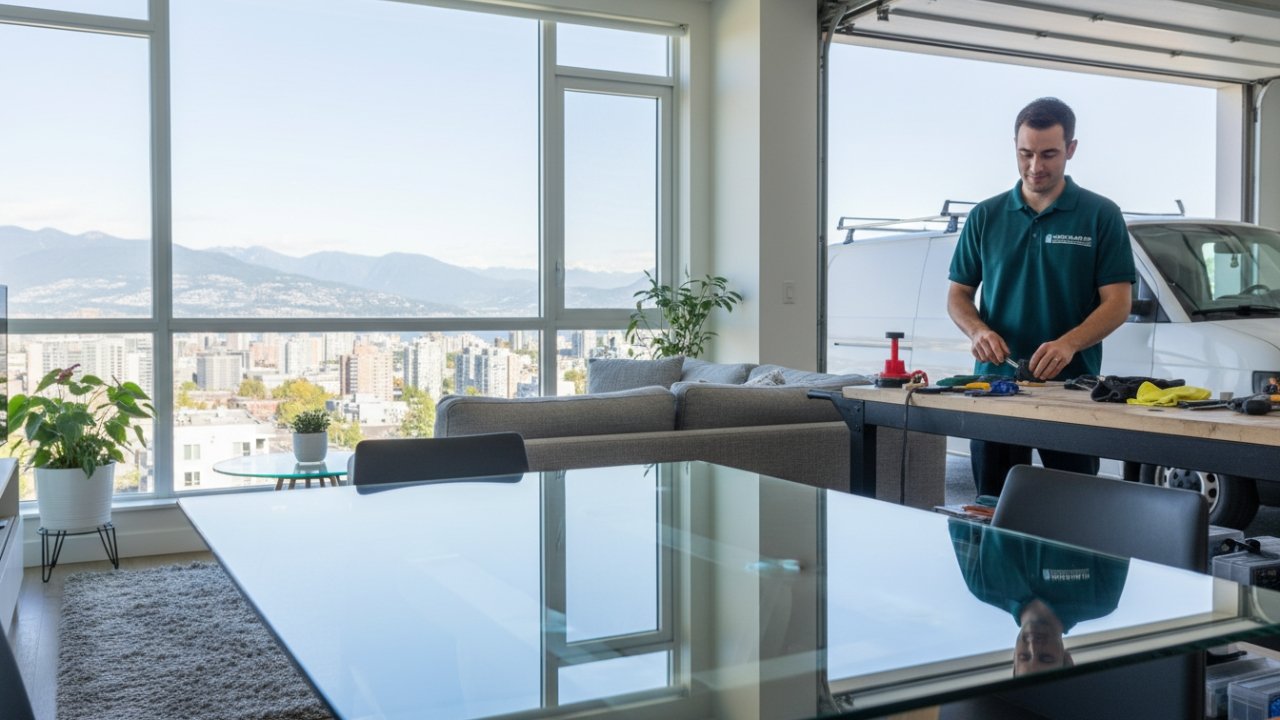 Custom‑cut glass table top from a local glass cutting service.