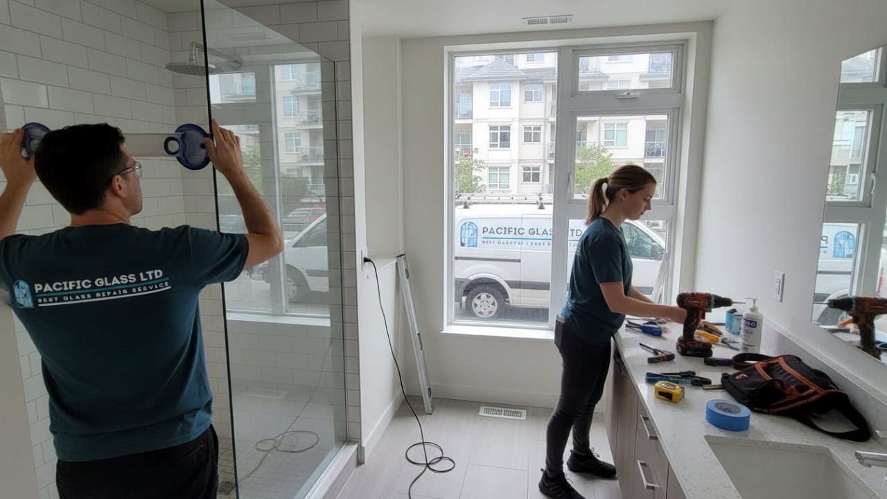 Frameless shower glass in a modern New Westminster bathroom.