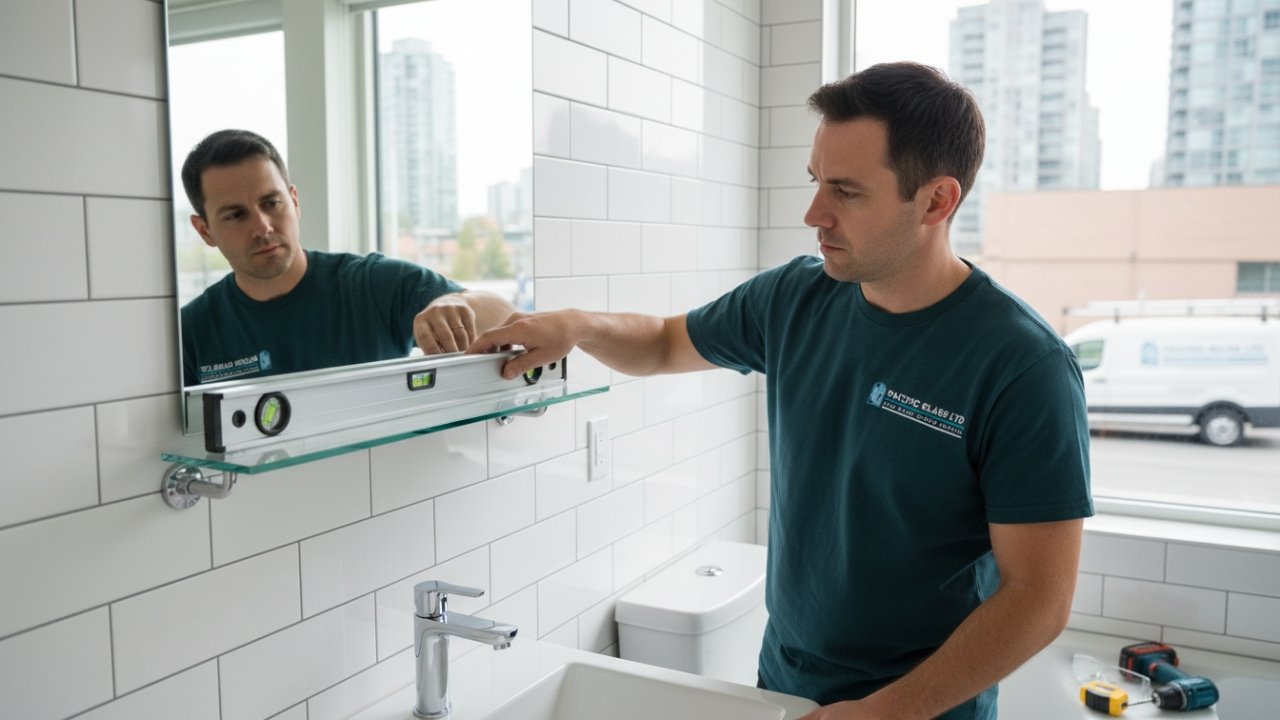Frosted glass shelves installed in a Vancouver bathroom.