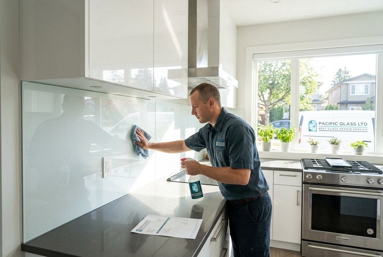 Glass backsplash replacement in a Burnaby kitchen – Pacific Glass Ltd.