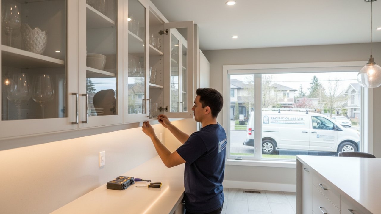 Glass countertop accent in a Uptown Vancouver kitchen by Pacific Glass Ltd.