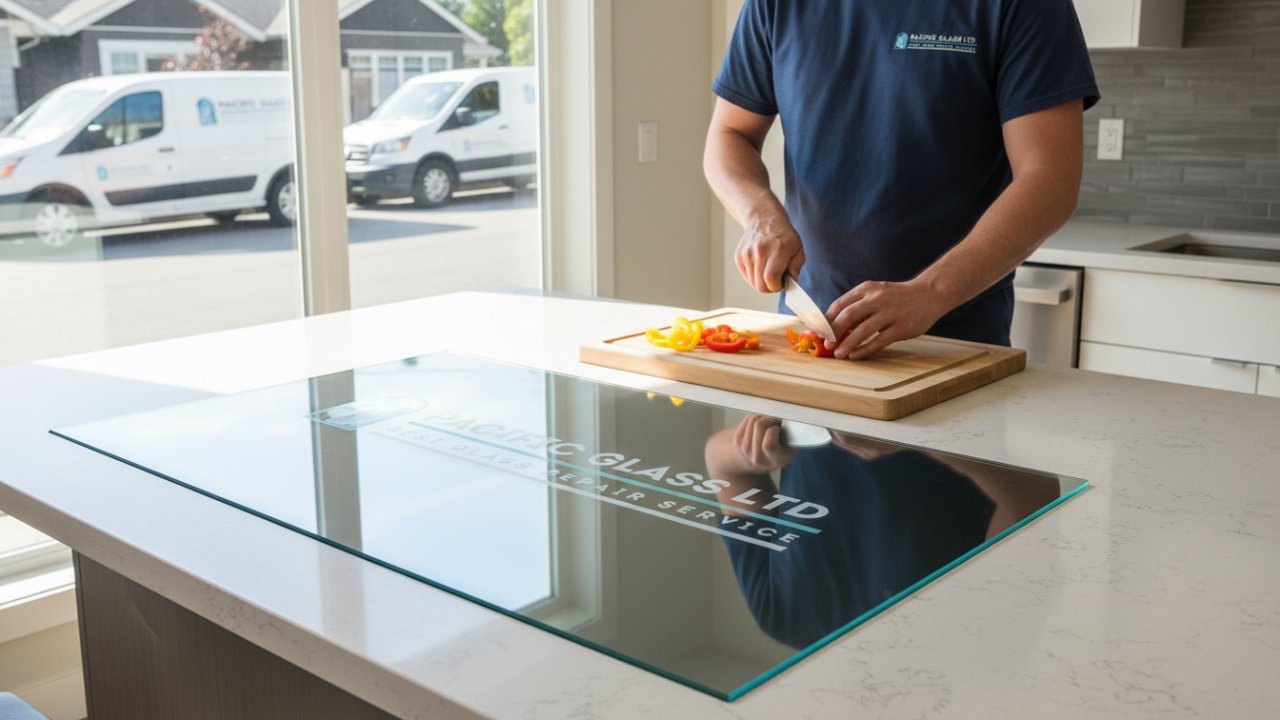 Glass island and partition in a Surrey kitchen with kitchen glass design & installation by Pacific Glass Ltd.