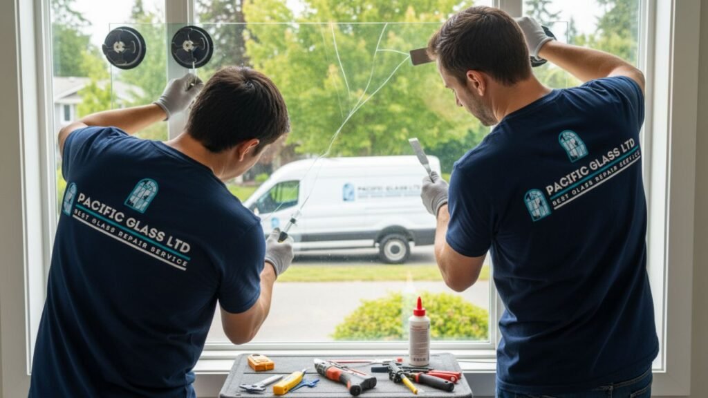 Glaziers repairing window seal