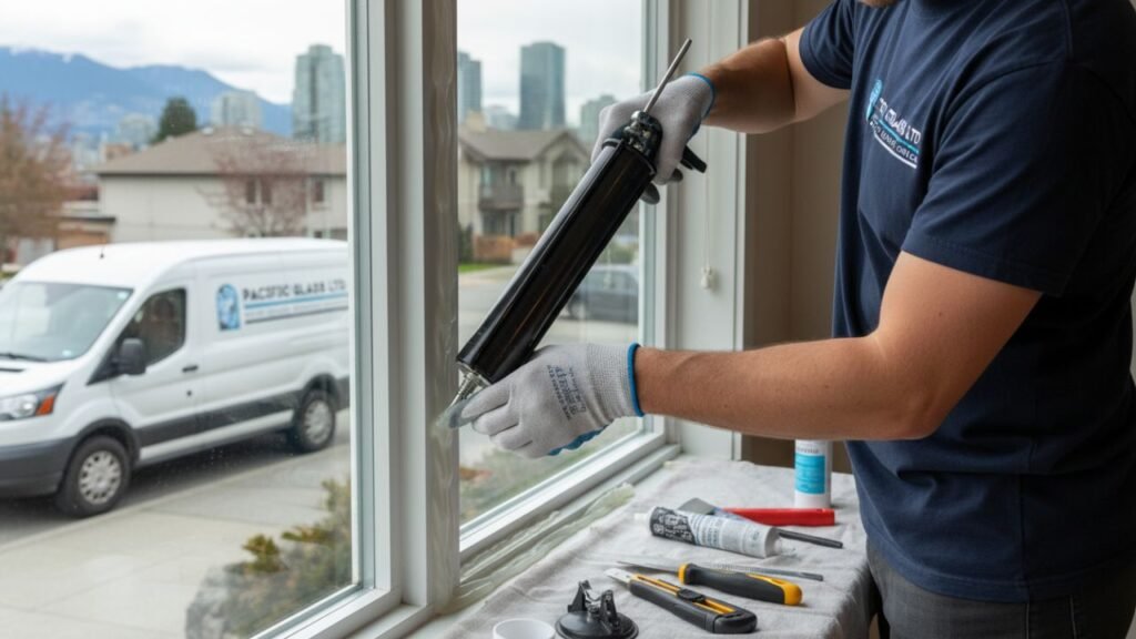 Glaziers repairing window seal in Richmond BC home
