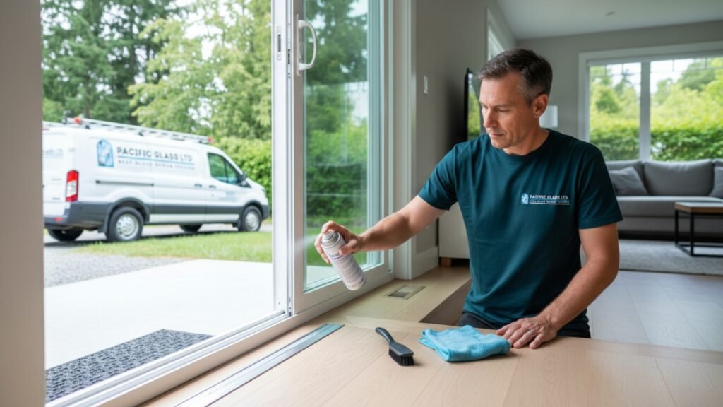 Homeowner lubricating a sliding glass door track in Vancouver.