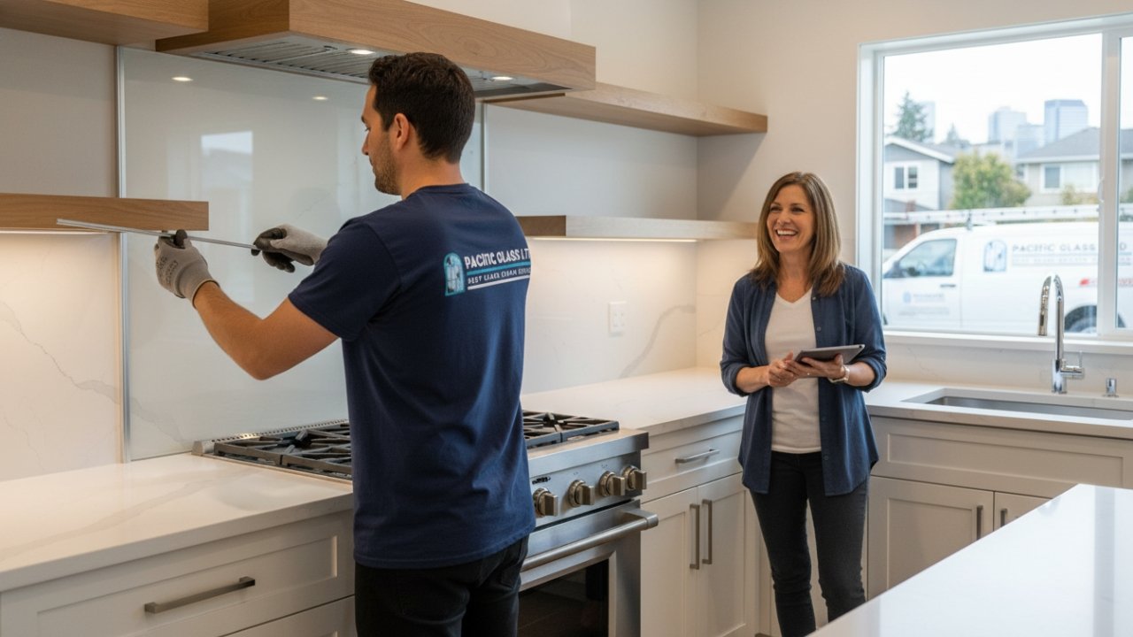 Kitchen glass backsplash installation in a Vancouver home by Pacific Glass Ltd.