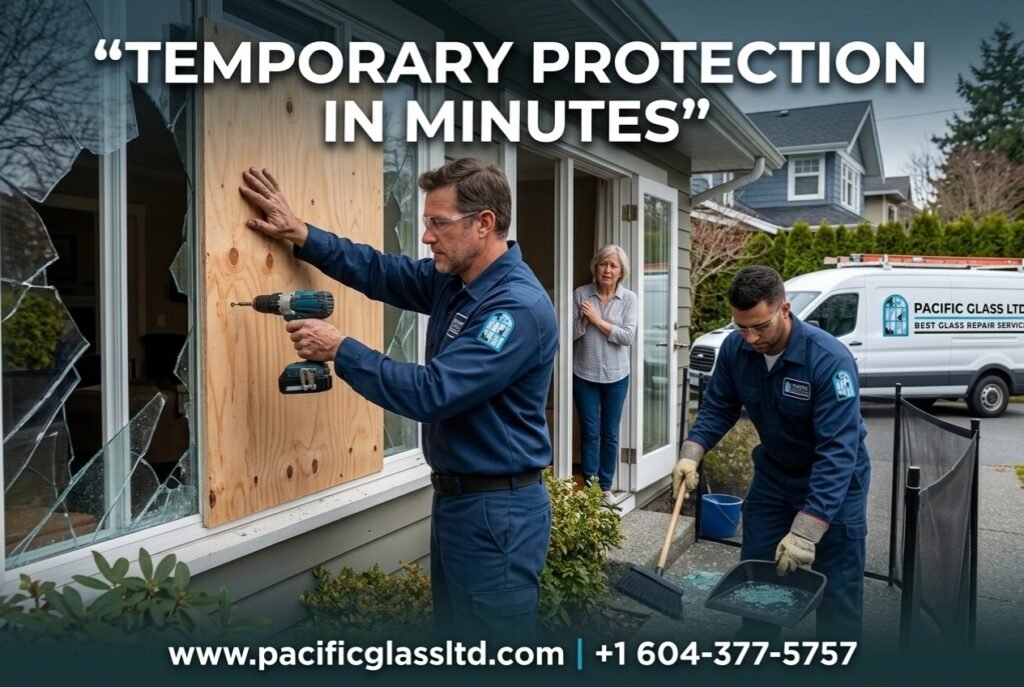 Pacific Glass Ltd emergency board-up for broken window in Vancouver