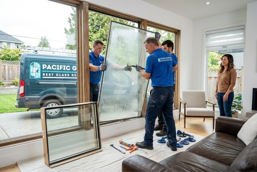 Pacific Glass Ltd team replacing foggy double pane window glass