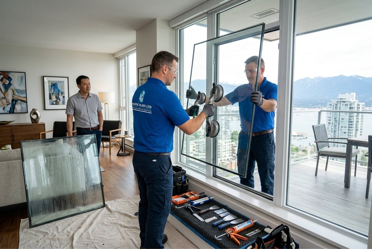 Pacific Glass Ltd technicians inspecting foggy window in Richmond BC home