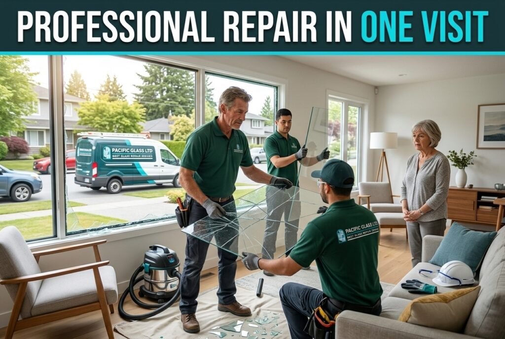 Pacific Glass Ltd technicians replacing broken window glass in Vancouver home