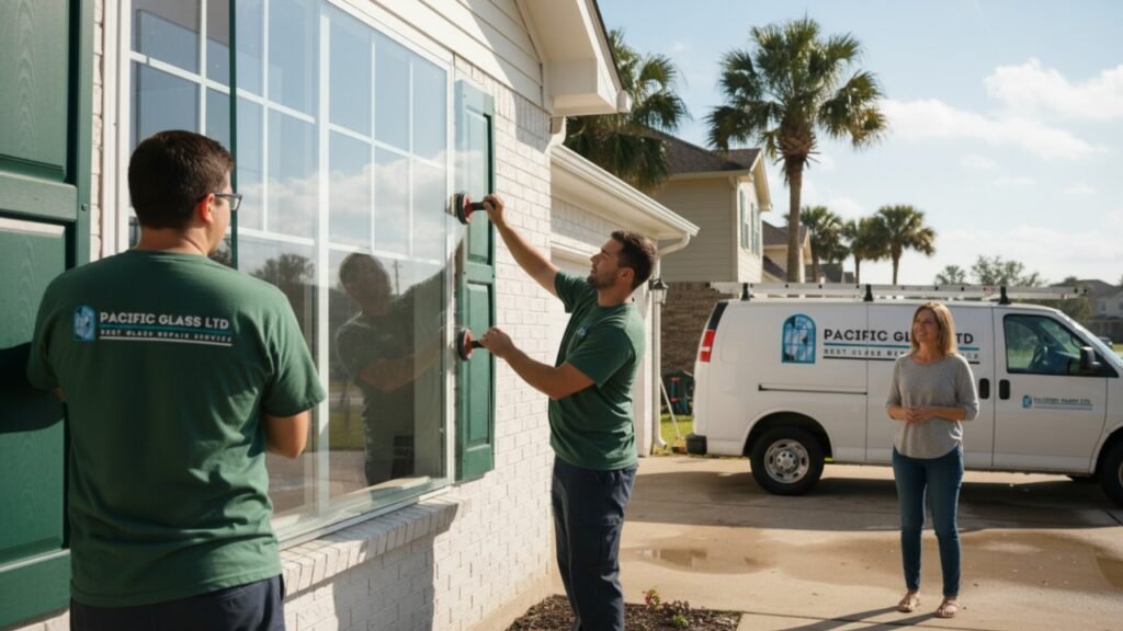 Pacific Glass Ltd technicians replacing storm-damaged window in Louisiana home