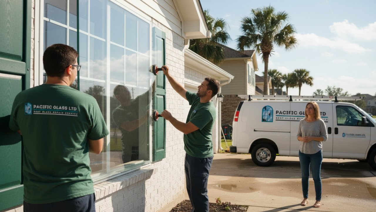 Pacific Glass Ltd technicians replacing storm-damaged window in Louisiana home