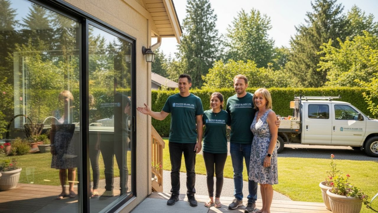 Residential glass replacement for a sliding patio door in Burnaby.