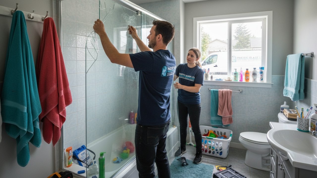 Shower glass repair service in a New Westminster family bathroom.
