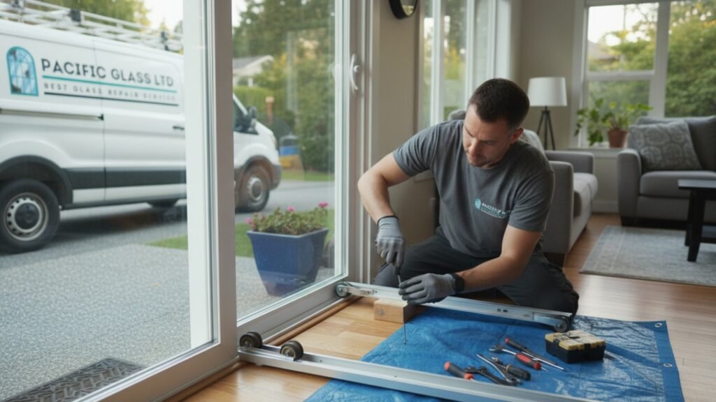 Technician adjusting sliding patio door alignment Vancouver