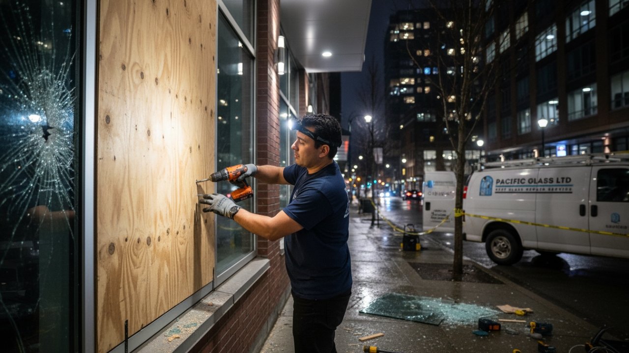 Technician boarding up window Vancouver