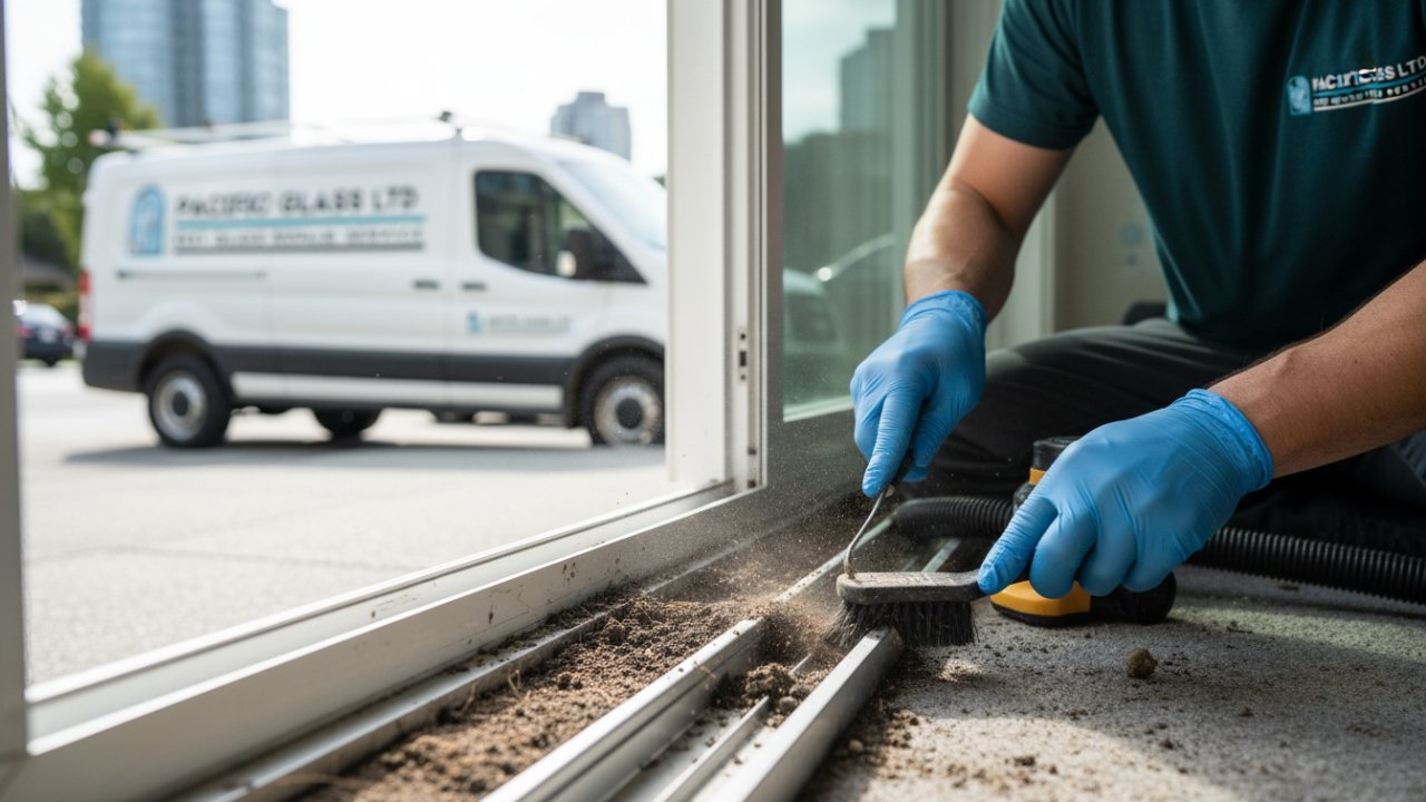 Technician cleaning patio door track Vancouver