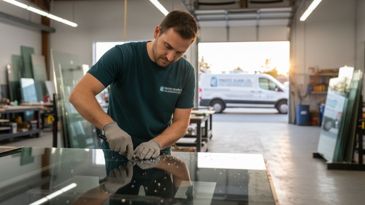 Technician cutting glass panel North Vancouver