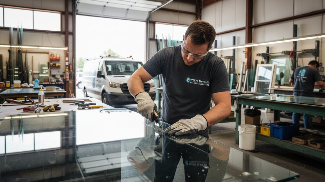 Technician cutting glass table top