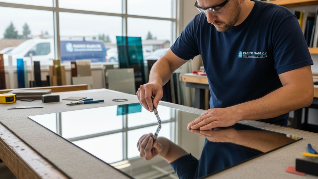 Technician cutting mirror glass Vancouver