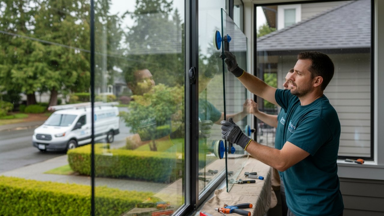 Technician cutting replacement glass
