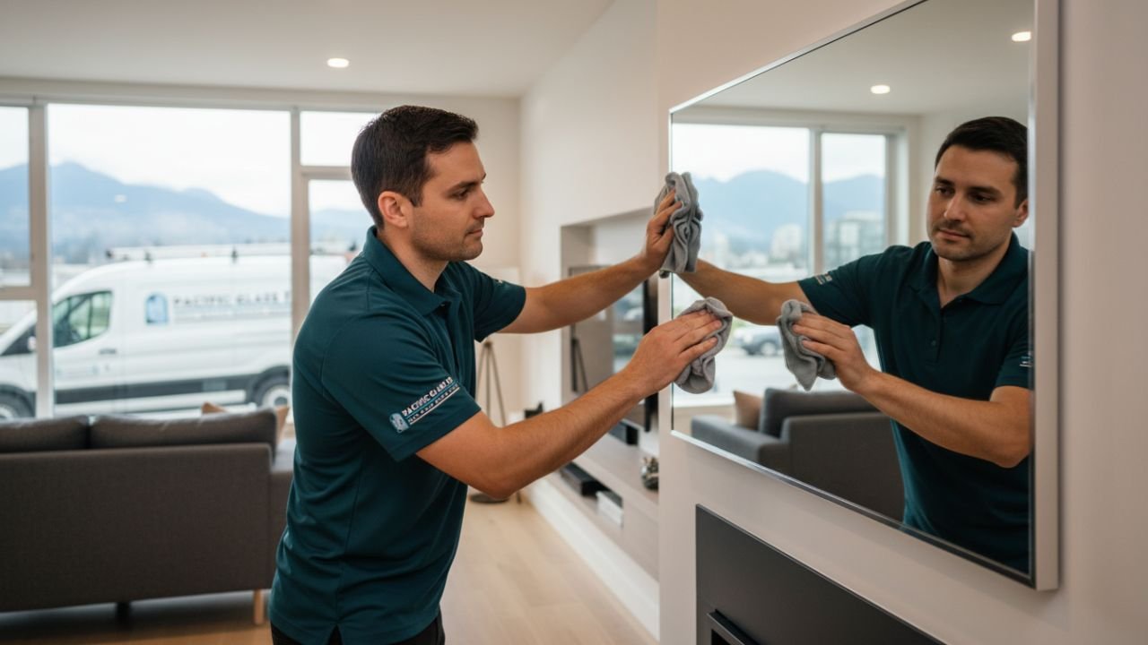 Technician finishing custom mirror installation Vancouver