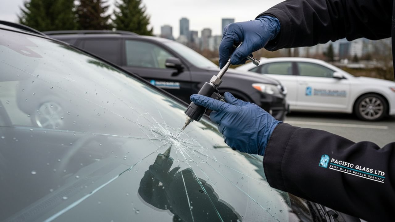 Technician injecting resin into windshield Metro Vancouver