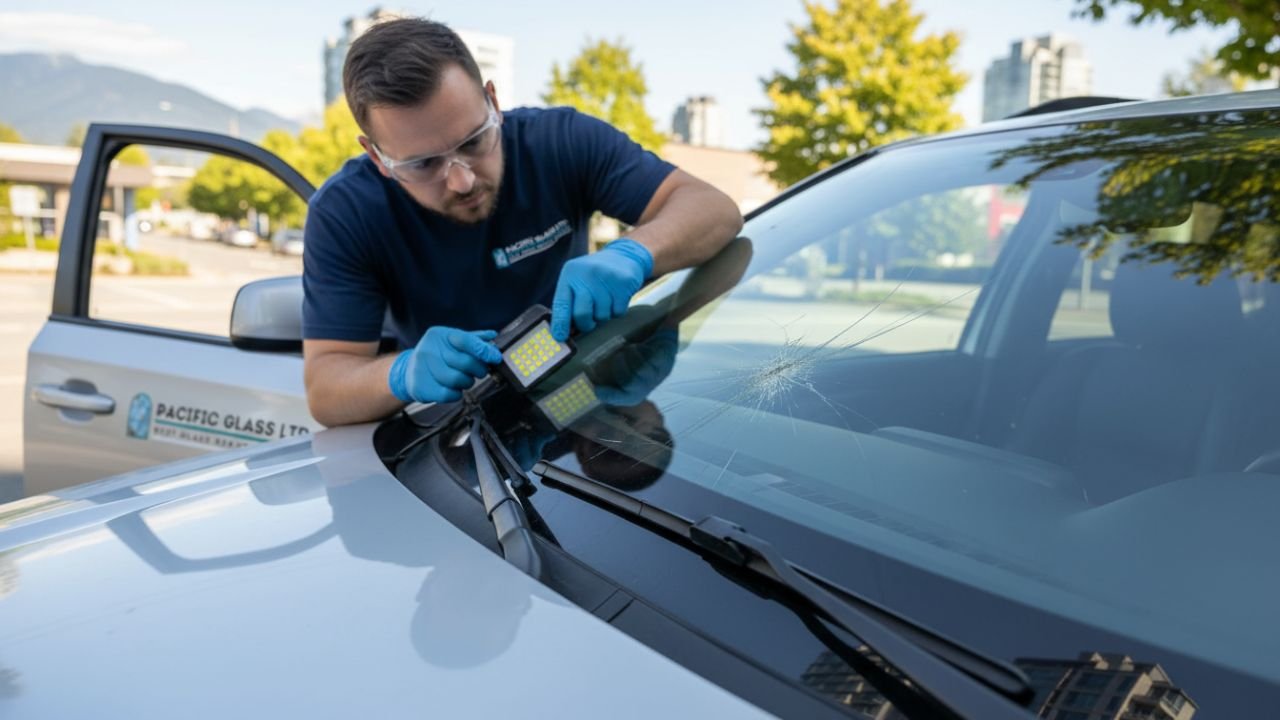 Technician inspecting windshield chip Metro Vancouver