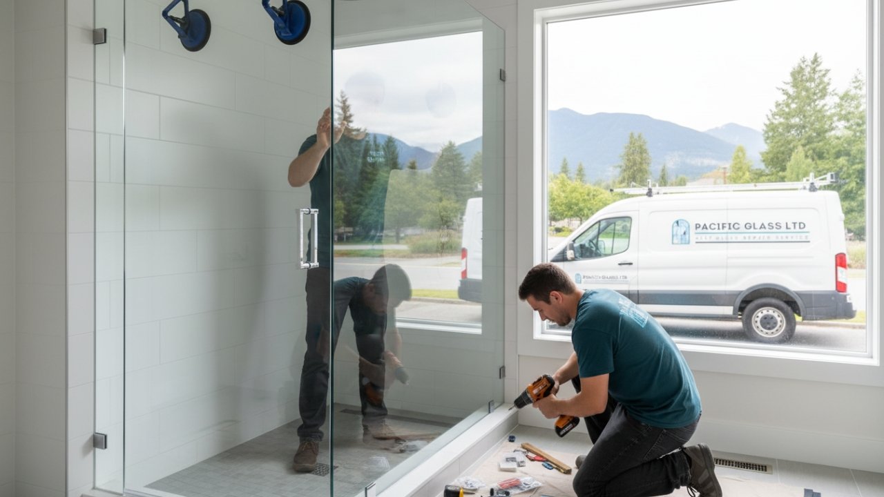 Technician installing frameless shower door Vancouver