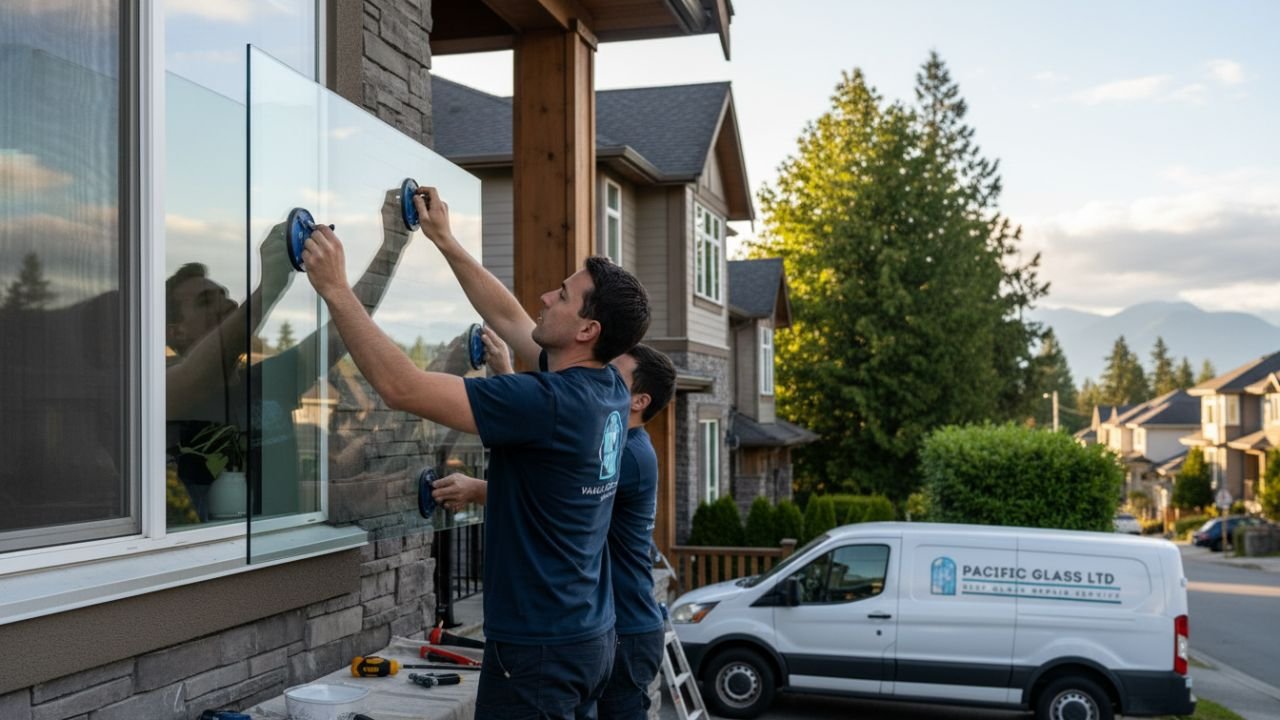 Technician installing window glass North Vancouver