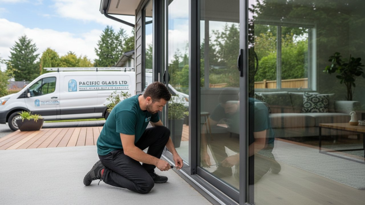 Technician lubricating and testing patio door Vancouver