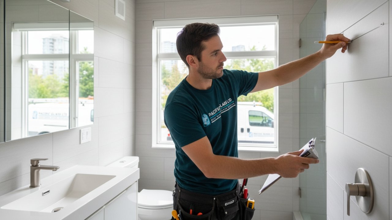 Technician measuring shower area Vancouver